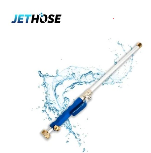 Jethose high pressure washer wand with water splash effect for outdoor cleaning and car washing.